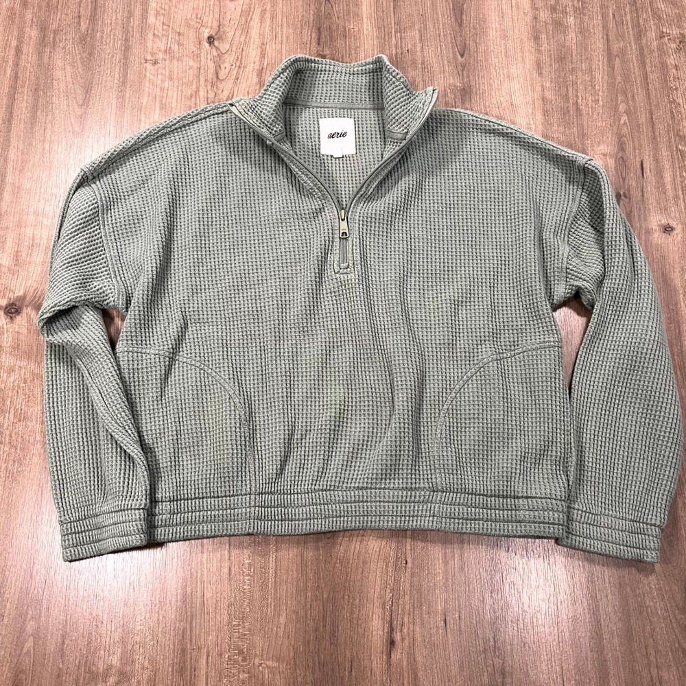Aerie Top Quarter Zip Pullover Sage Green Waffle Knit Thermal Crop Medium